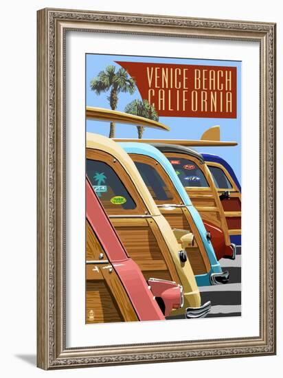 Venice Beach, California - Woodies Lined Up-Lantern Press-Framed Art Print