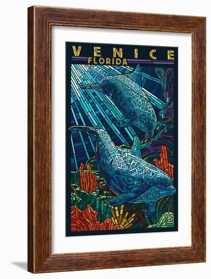 Venice, Florida - Dolphins Paper Mosaic-Lantern Press-Framed Art Print