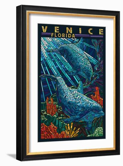 Venice, Florida - Dolphins Paper Mosaic-Lantern Press-Framed Art Print