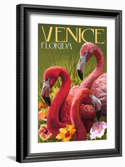 Venice, Florida - Flamingos-Lantern Press-Framed Art Print