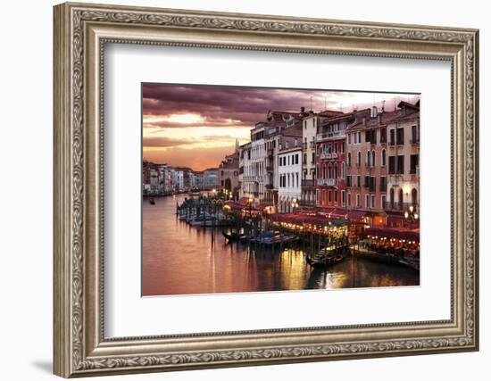 Venice Grand Canal Gondolas, Hotels and Restaurants at Sunset from the Rialto Bridge-Flynt-Framed Photographic Print