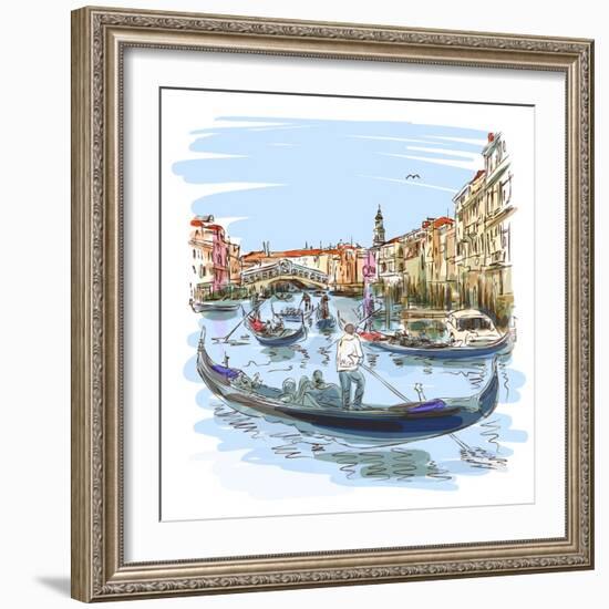 Venice - Grand Canal. View of the Rialto Bridge. Vector Sketch. Eps10--Vladimir--Framed Art Print