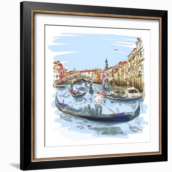 Venice - Grand Canal. View of the Rialto Bridge. Vector Sketch. Eps10--Vladimir--Framed Art Print