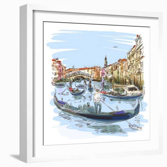 Venice - Grand Canal. View of the Rialto Bridge. Vector Sketch. Eps10--Vladimir--Framed Art Print