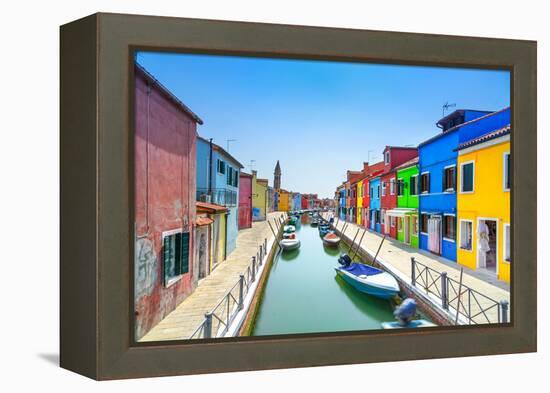 Venice Landmark, Burano Island Canal, Colorful Houses and Boats, Italy-stevanzz-Framed Premier Image Canvas