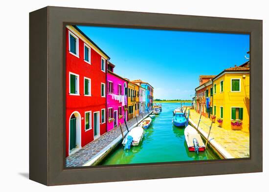 Venice Landmark, Burano Island Canal, Colorful Houses and Boats, Italy-stevanzz-Framed Premier Image Canvas