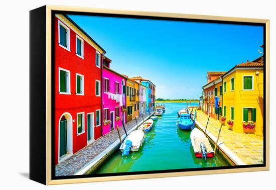 Venice Landmark, Burano Island Canal, Colorful Houses and Boats, Italy-stevanzz-Framed Premier Image Canvas