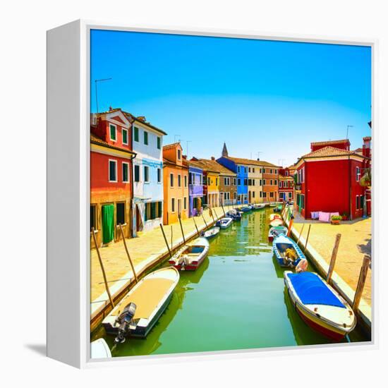 Venice Landmark, Burano Island Canal, Colorful Houses and Boats, Italy-stevanzz-Framed Premier Image Canvas