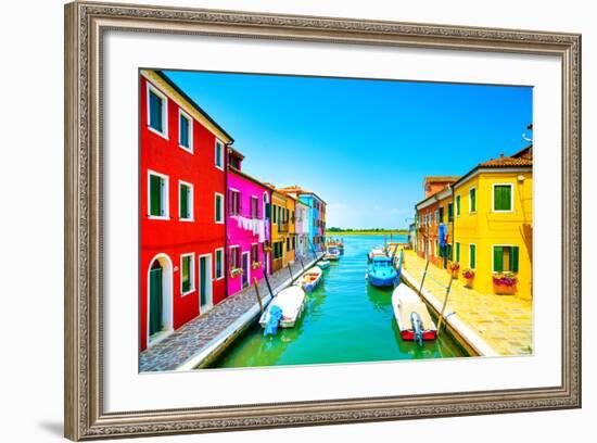 Venice Landmark, Burano Island Canal, Colorful Houses and Boats, Italy-stevanzz-Framed Photographic Print