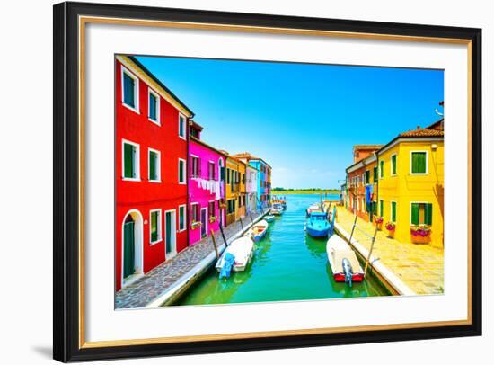 Venice Landmark, Burano Island Canal, Colorful Houses and Boats, Italy-stevanzz-Framed Photographic Print