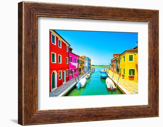 Venice Landmark, Burano Island Canal, Colorful Houses and Boats, Italy-stevanzz-Framed Photographic Print