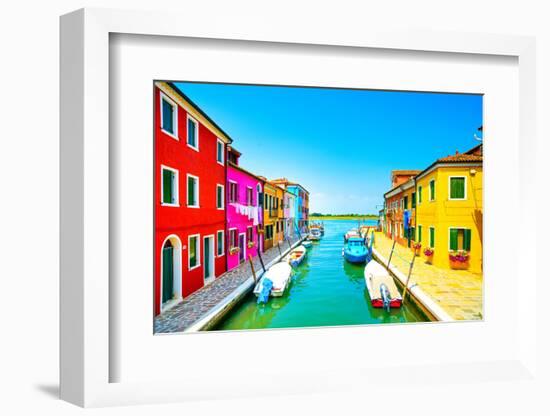 Venice Landmark, Burano Island Canal, Colorful Houses and Boats, Italy-stevanzz-Framed Photographic Print