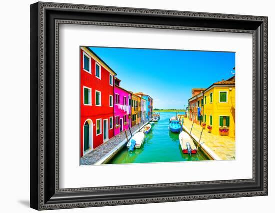 Venice Landmark, Burano Island Canal, Colorful Houses and Boats, Italy-stevanzz-Framed Photographic Print