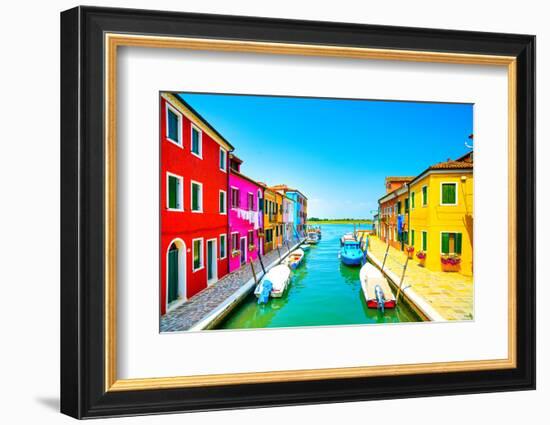 Venice Landmark, Burano Island Canal, Colorful Houses and Boats, Italy-stevanzz-Framed Photographic Print