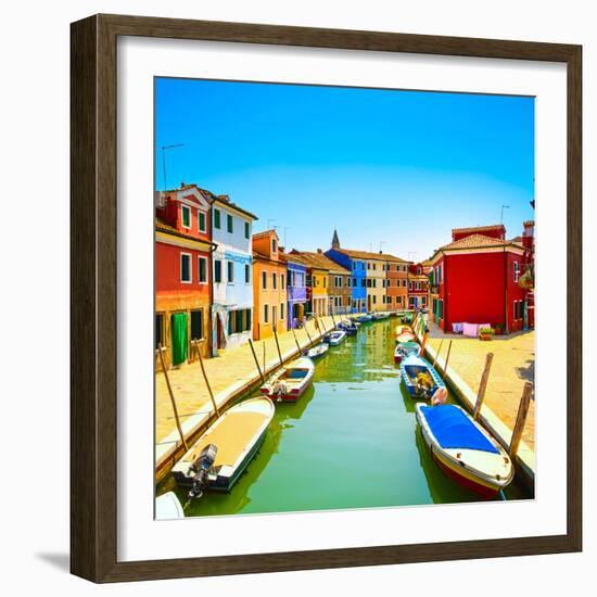 Venice Landmark, Burano Island Canal, Colorful Houses and Boats, Italy-stevanzz-Framed Photographic Print