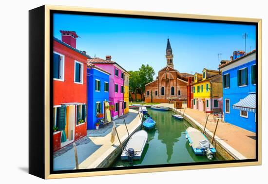 Venice Landmark, Burano Island Canal, Colorful Houses, Church and Boats, Italy-stevanzz-Framed Premier Image Canvas