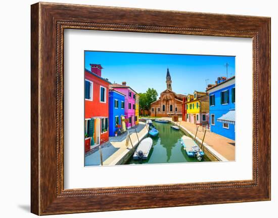 Venice Landmark, Burano Island Canal, Colorful Houses, Church and Boats, Italy-stevanzz-Framed Photographic Print