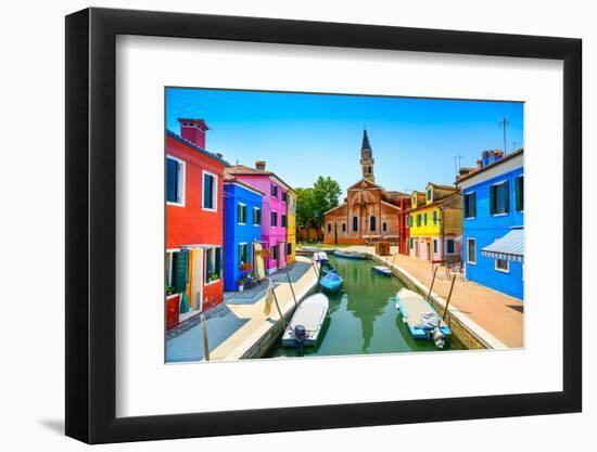 Venice Landmark, Burano Island Canal, Colorful Houses, Church and Boats, Italy-stevanzz-Framed Photographic Print