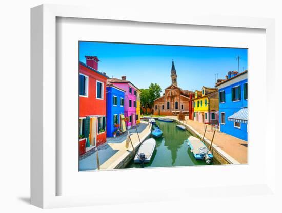 Venice Landmark, Burano Island Canal, Colorful Houses, Church and Boats, Italy-stevanzz-Framed Photographic Print