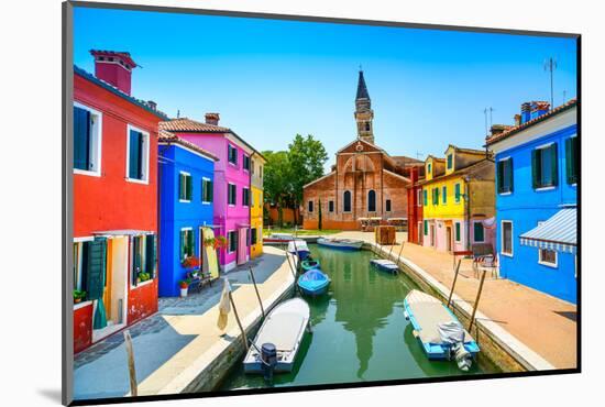 Venice Landmark, Burano Island Canal, Colorful Houses, Church and Boats, Italy-stevanzz-Mounted Photographic Print