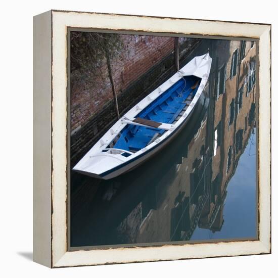 Venice Sense of Place. Blue and White Boat on Canal-Mike Burton-Framed Premier Image Canvas