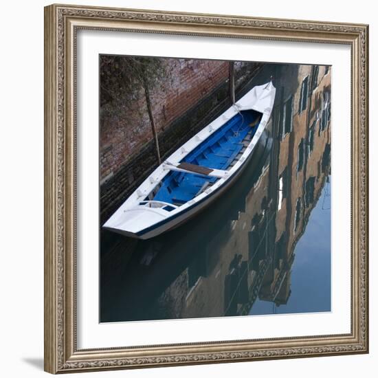 Venice Sense of Place. Blue and White Boat on Canal-Mike Burton-Framed Photographic Print