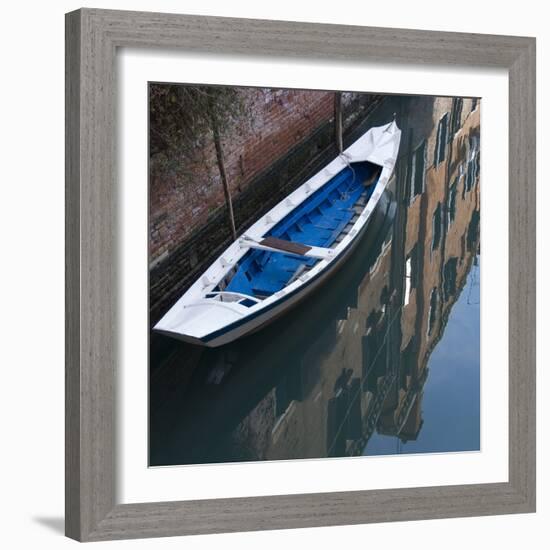 Venice Sense of Place. Blue and White Boat on Canal-Mike Burton-Framed Photographic Print