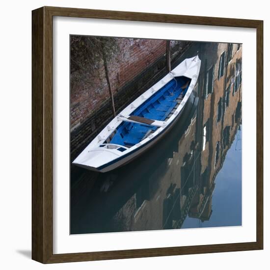 Venice Sense of Place. Blue and White Boat on Canal-Mike Burton-Framed Photographic Print