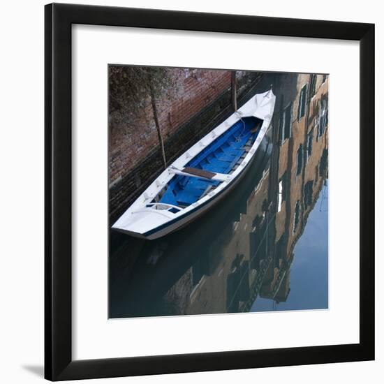 Venice Sense of Place. Blue and White Boat on Canal-Mike Burton-Framed Photographic Print