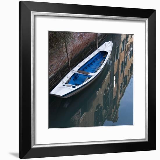 Venice Sense of Place. Blue and White Boat on Canal-Mike Burton-Framed Photographic Print