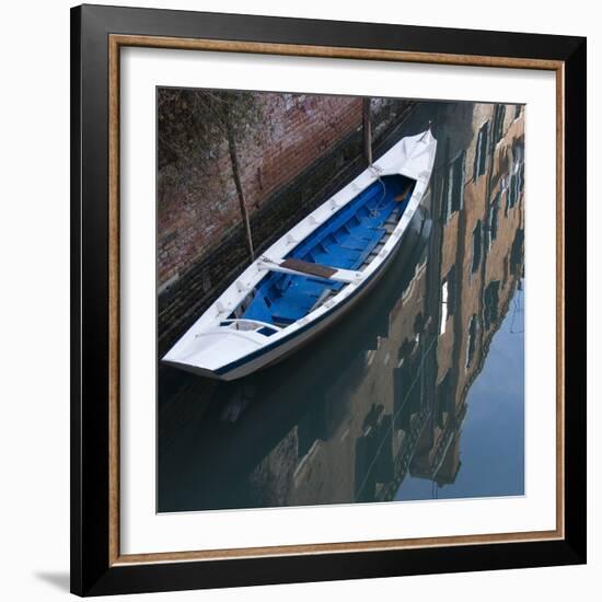 Venice Sense of Place. Blue and White Boat on Canal-Mike Burton-Framed Photographic Print