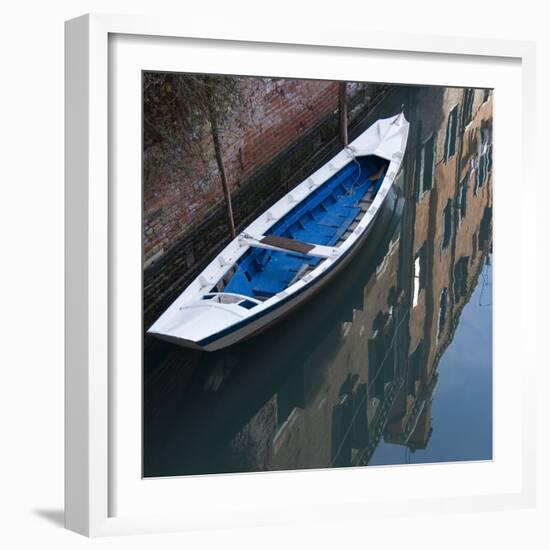 Venice Sense of Place. Blue and White Boat on Canal-Mike Burton-Framed Photographic Print