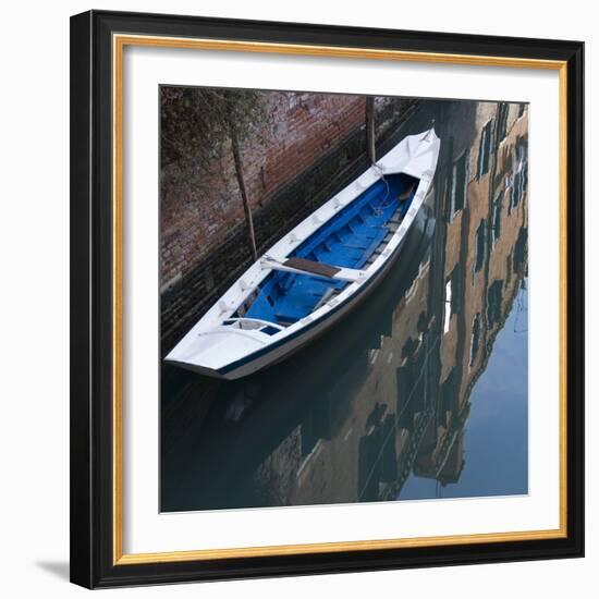 Venice Sense of Place. Blue and White Boat on Canal-Mike Burton-Framed Photographic Print