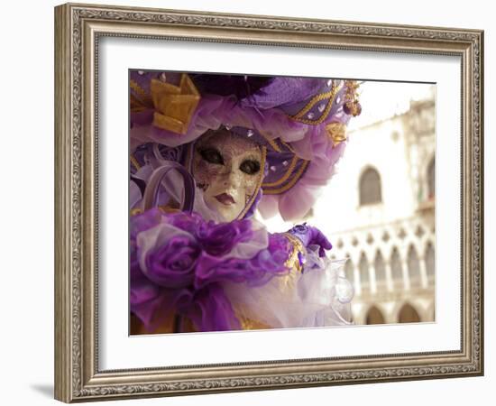 Venice, Veneto, Italy, a Masked Character in Front of the 'Palazzo Dei Dogi' During Carnival-Ken Scicluna-Framed Photographic Print