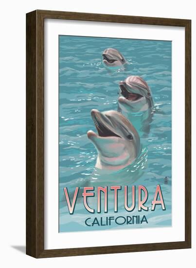 Ventura, California - Dolphins-Lantern Press-Framed Premium Giclee Print