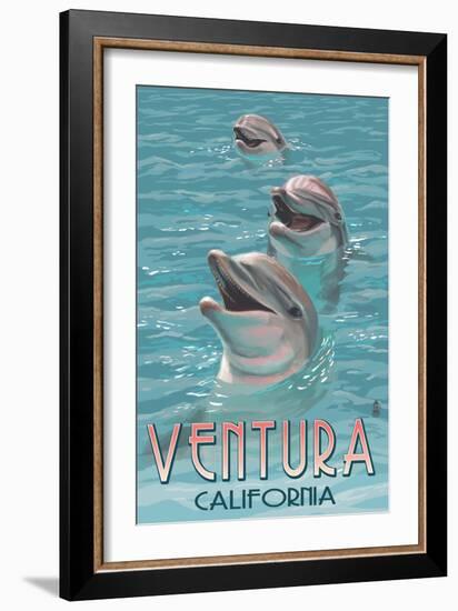 Ventura, California - Dolphins-Lantern Press-Framed Premium Giclee Print