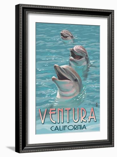 Ventura, California - Dolphins-Lantern Press-Framed Premium Giclee Print