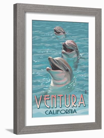 Ventura, California - Dolphins-Lantern Press-Framed Art Print