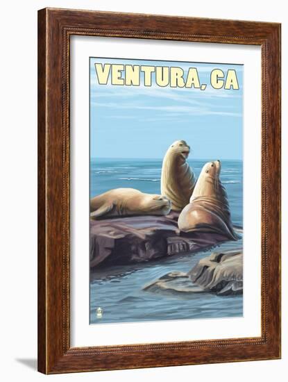 Ventura, California - Sea Lions-Lantern Press-Framed Art Print