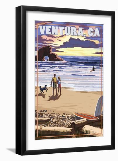 Ventura, California - Surfing Beach Scene-Lantern Press-Framed Art Print