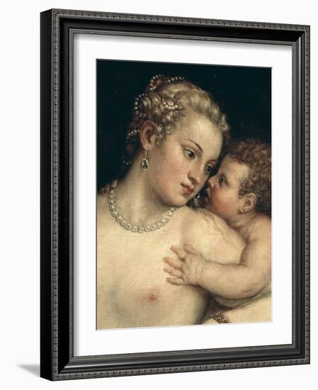 Venus and Cupid, from Venus Relaxing with Cupid and Music (Detail)-Titian (Tiziano Vecelli)-Framed Giclee Print