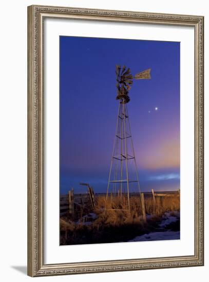 Venus and Jupiter are Visible Behind an Old Farm Water Pump Windmill, Alberta, Canada-null-Framed Photographic Print