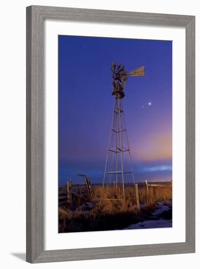 Venus and Jupiter are Visible Behind an Old Farm Water Pump Windmill, Alberta, Canada-null-Framed Photographic Print