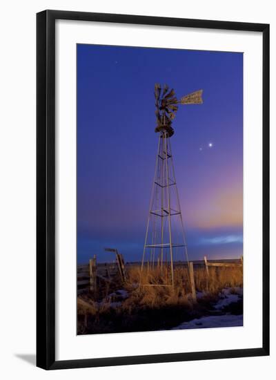 Venus and Jupiter are Visible Behind an Old Farm Water Pump Windmill, Alberta, Canada-null-Framed Photographic Print