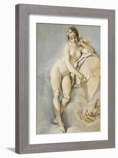 Venus Standing, Gesturing Towards a Heart on a Targe with Two Doves, 1754-Francois Boucher-Framed Giclee Print