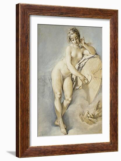 Venus Standing, Gesturing Towards a Heart on a Targe with Two Doves, 1754-Francois Boucher-Framed Giclee Print