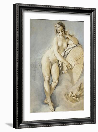 Venus Standing, Gesturing Towards a Heart on a Targe with Two Doves, 1754-Francois Boucher-Framed Giclee Print