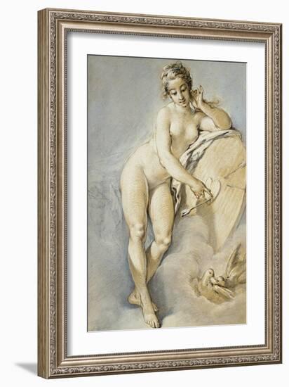 Venus Standing, Gesturing Towards a Heart on a Targe with Two Doves, 1754-Francois Boucher-Framed Giclee Print