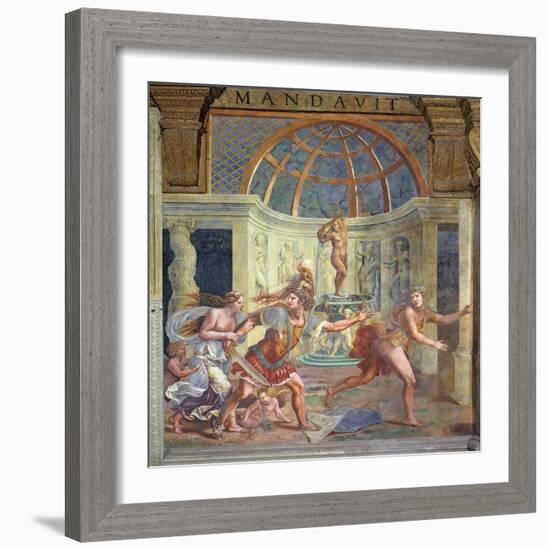 Venus, Whose Pricked Foot Stains the Petals of a Rose Red, with Mars Who Pursues Adonis-Giulio Romano-Framed Giclee Print