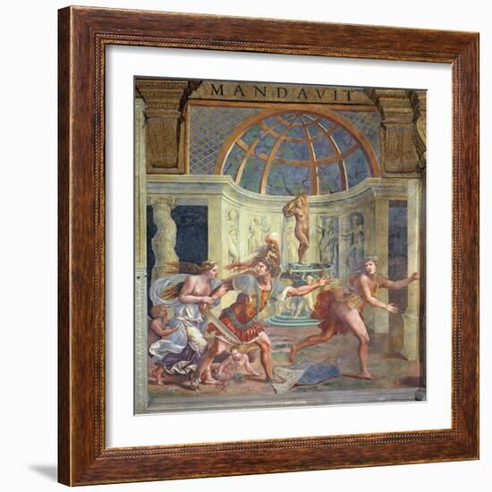 Venus, Whose Pricked Foot Stains the Petals of a Rose Red, with Mars Who Pursues Adonis-Giulio Romano-Framed Giclee Print